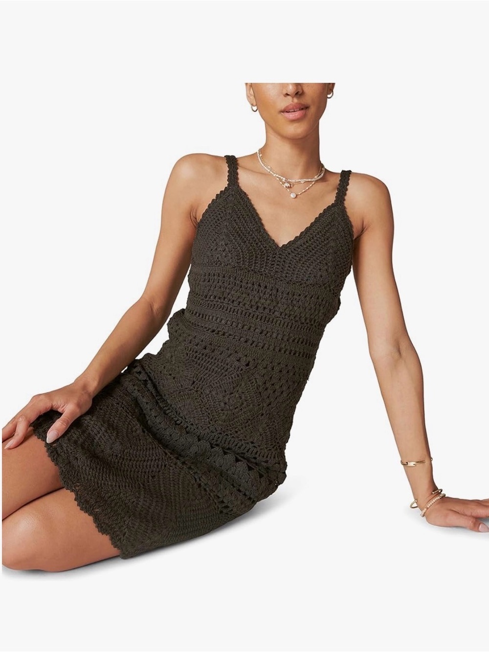 Lucky Brand Black Diamond Crochet V-Neck Mini Dress Cottagecore Boho Luxe Size M